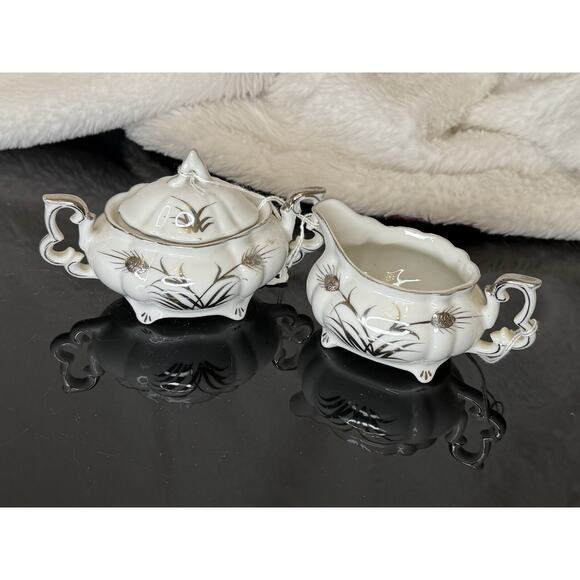 Lefton China Sugar And Creamer White And Silver Hand Painted 225 - Picture 4 of 14